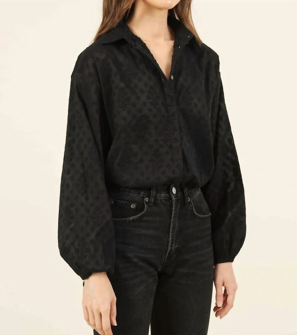 Omika Nero Ladies Black Blouse Swiss Dot Semi Sheer Long Sleeve Cotton